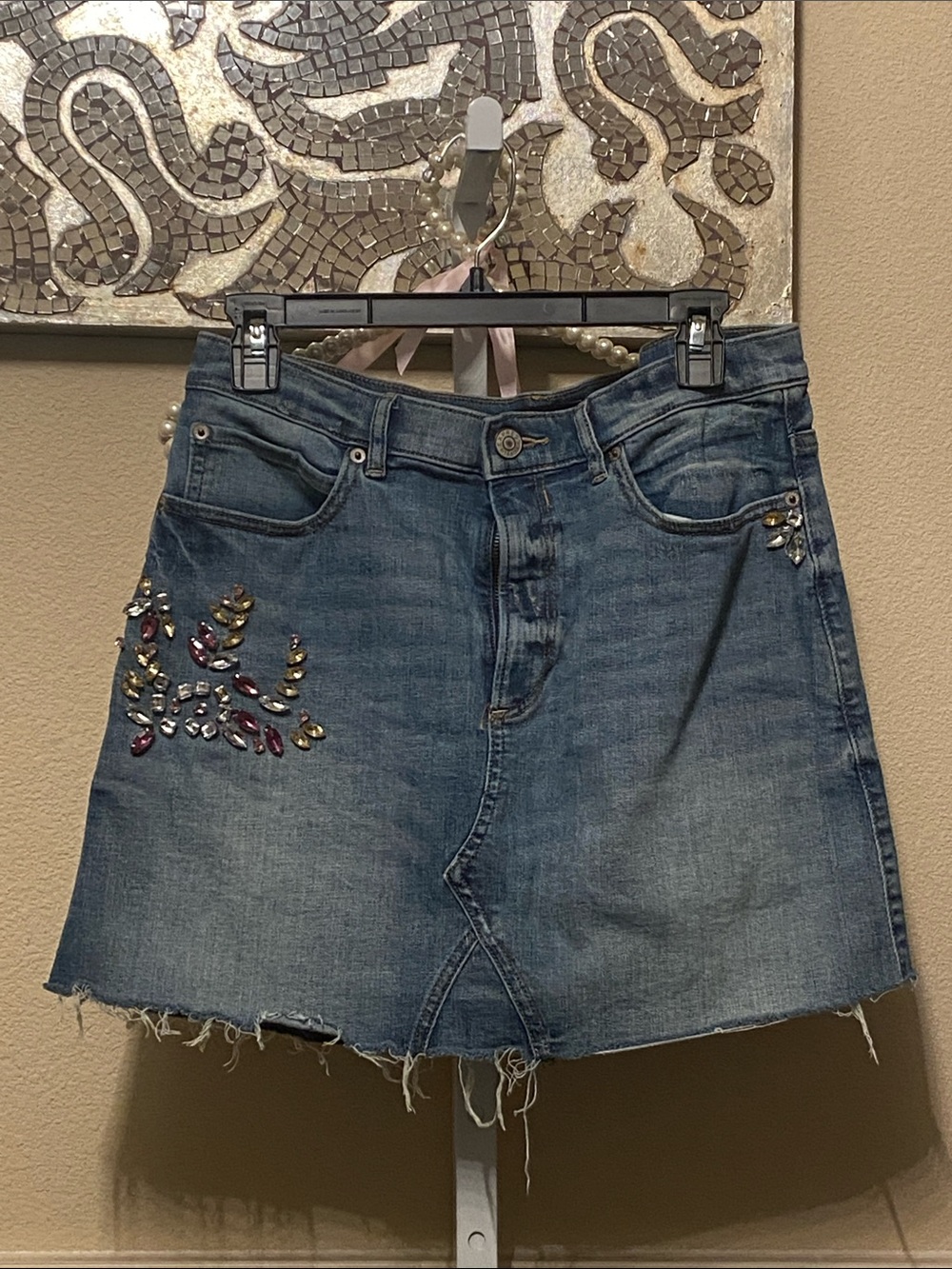 Express Embellished Light Blue Denim Mini Skirt with rhinestones - Picture 5 of 6